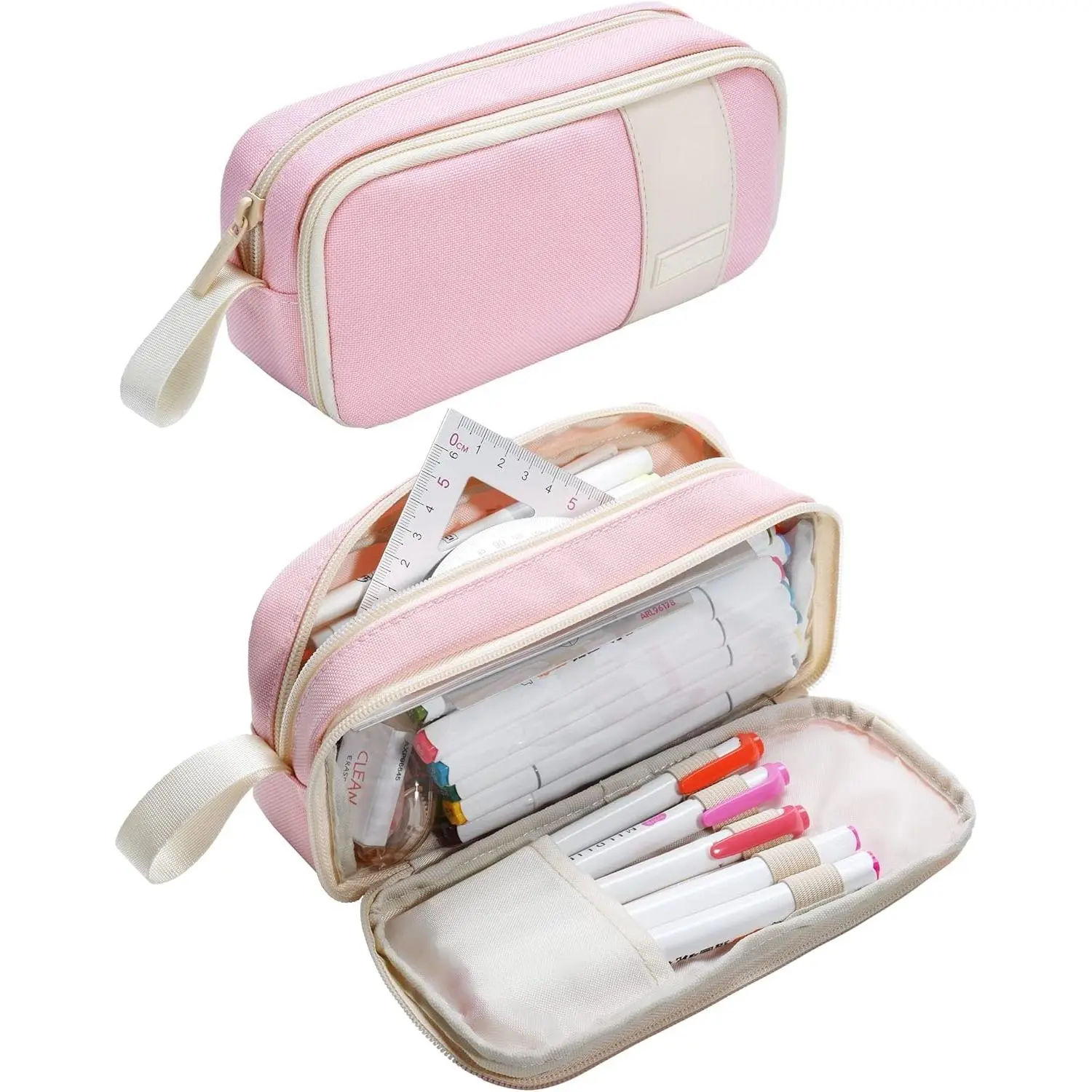 SQ-PCB142 Pencil Case for Adults Aesthetic Pen Bag for Teen College Zipper Pouch Office Supplies Stationery Organizer Small Tool Bag (Pink TW)