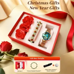 Women's Waterproof Quartz Watch & Bracelet Gift Box Set - Crystal Diamond Steel Strap, Tiger Eye Stone Good Luck Beaded Jewelry