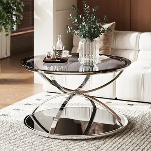 31.50'' Modern Glass Coffee Table with 2 Tiers, Ring-Shaped Frames, Chrome Finish and Gray Tempered Glass, Round Coffee Table for Living Room, Bedroom and Office, Silver