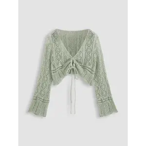 Plus Size Hollow Drawstring Sheer Cardigan, Spring/Autumn Casual Eye-Catching Sleeved V-Neck Knit Top, Women’s Everyday Wear GARMENTARY