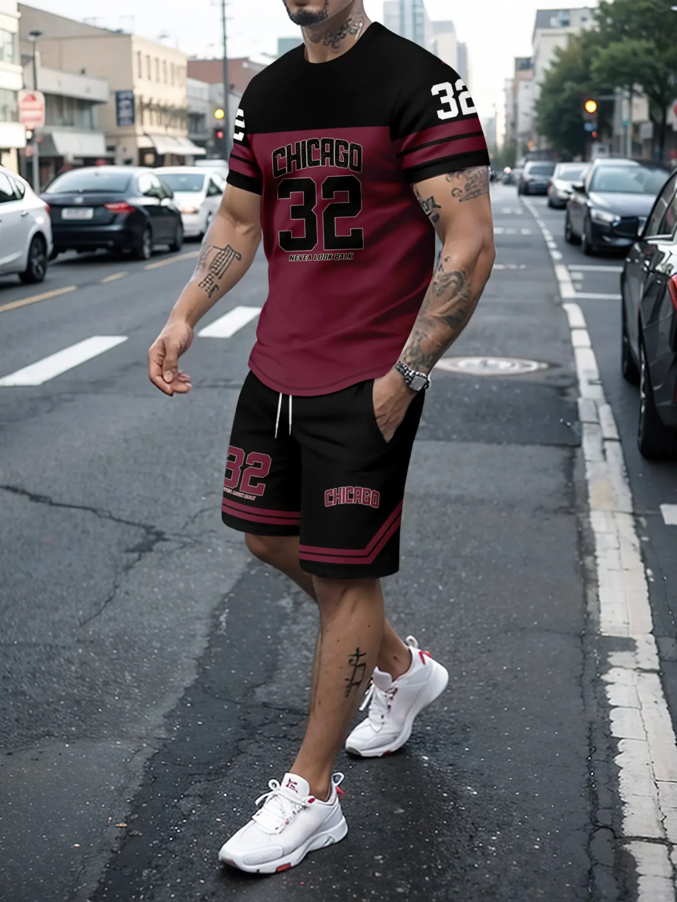 Men's 2‑Piece Black Maroon Color Block Chicago 32 Number Letter Print T‑Shirt & Shorts Set, Short Sleeve Casual Vintage Sports Streetwear Outfit