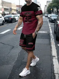 Men's 2‑Piece Black Maroon Color Block Chicago 32 Number Letter Print T‑Shirt & Shorts Set, Short Sleeve Casual Vintage Sports Streetwear Outfit