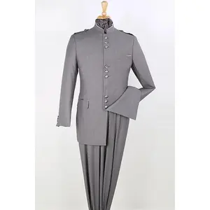 Mens Classic Military Banded Collar Mandarin Safari Suit in Light Grey