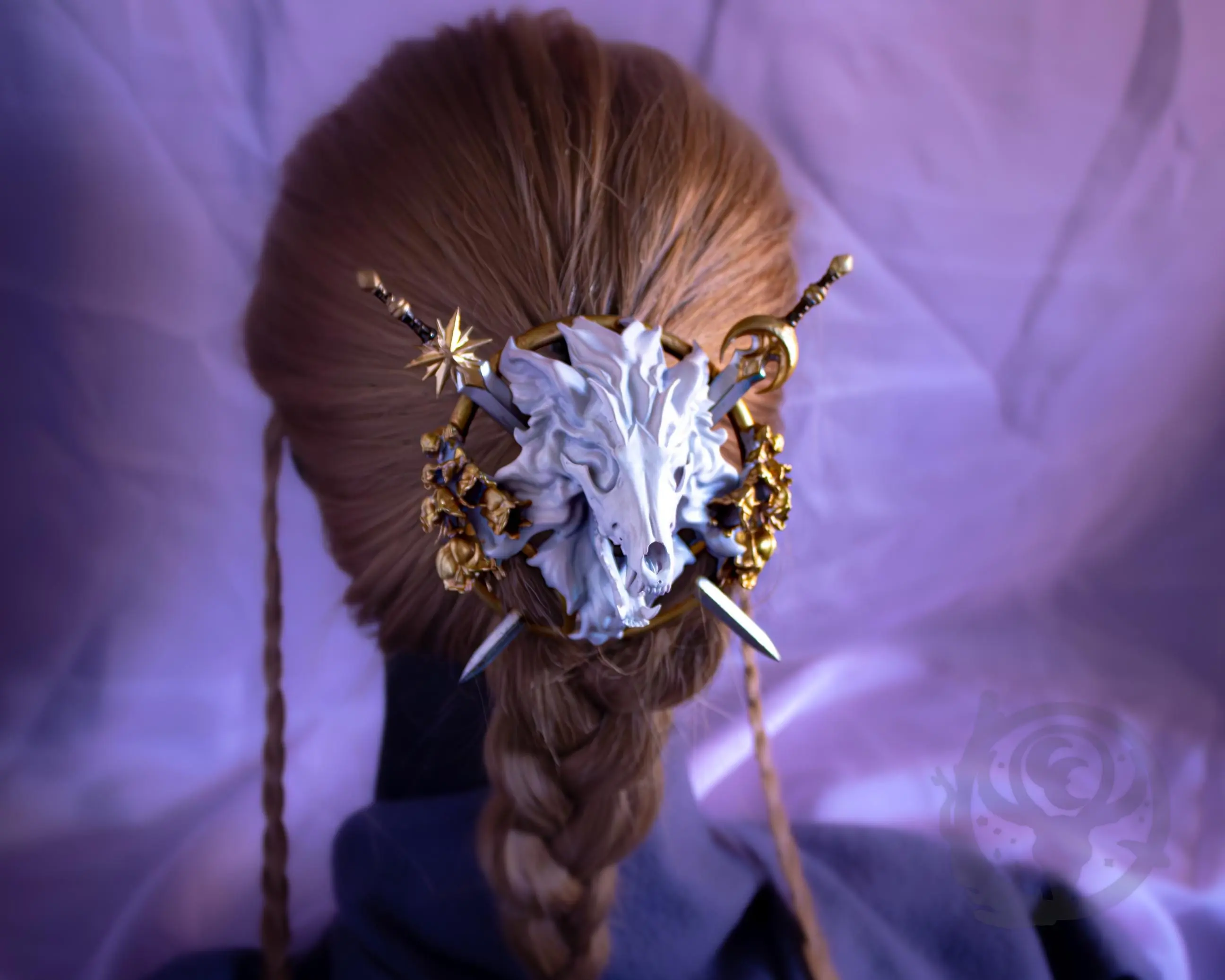 Dire Wolf Mystic Heraldry Crest Hair Bun Holder and Sword Pins - Handpainted Resin, Unique Handmade Wearable Art Accessory, Perfect for Costumes
