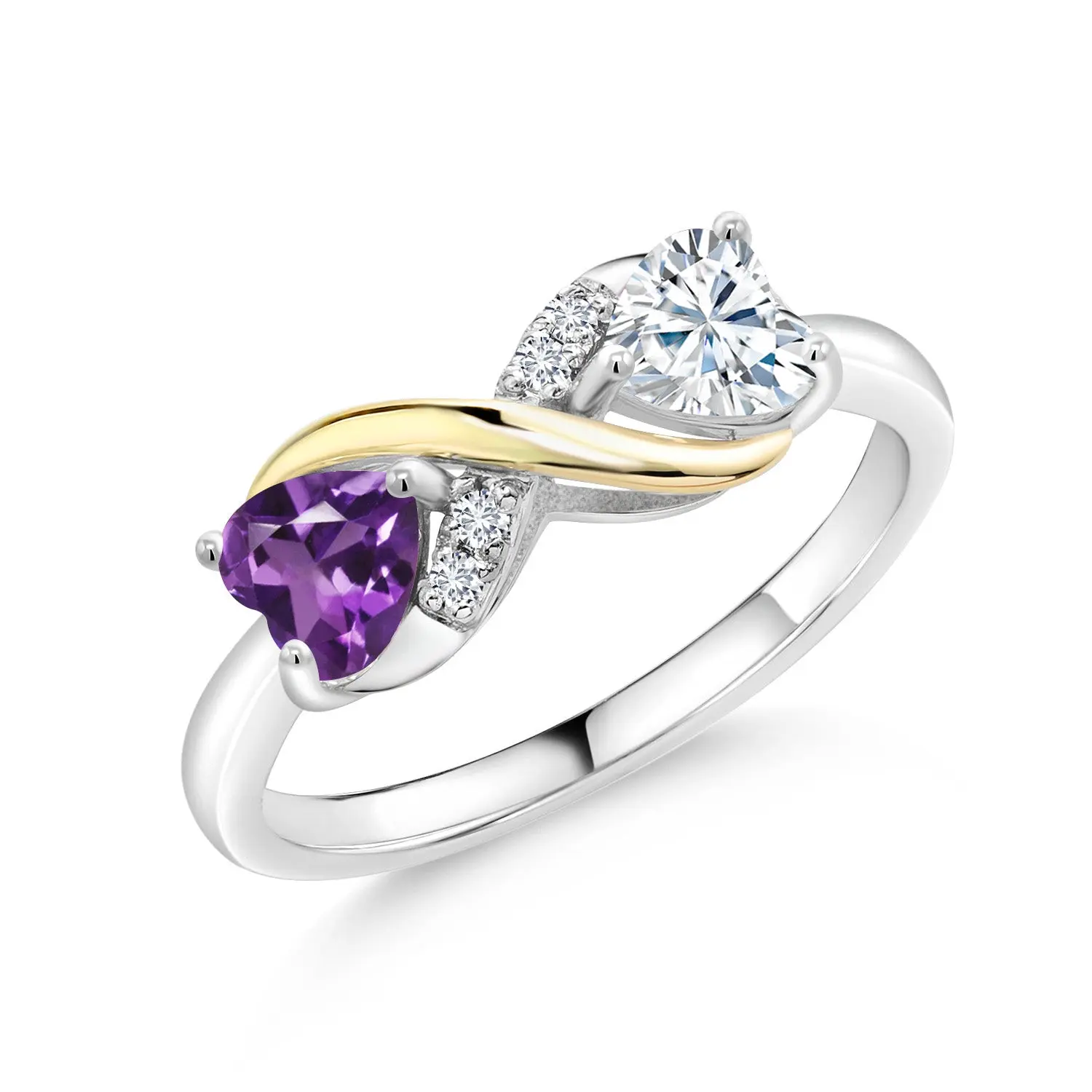 Gemstone Birthstone White Moissanite and Lab Grown Diamond Accents Eternal Love Infinity Ring For Women | 925 Silver 10K Yellow Gold | Heart 5MM | Two-Tone Wedding Anniversary Promise Ring