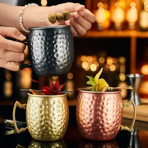 Moscow Mule Mug Set, 4pcs Stainless Steel Inner Cup, Electroplated Copper Color, Food Grade Hammered Glass, Ice Cold Drinks, Home Barware (500ML)