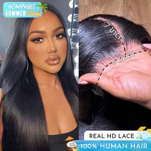 WOWANGEL 6x6  7x7 SKINLIKE Real HD Lace Closure Only, 0.10mm Ultra-thin Invisible Lace Pre-Plucked Bleached Knots Natural Black Human Hair 18 Inch
