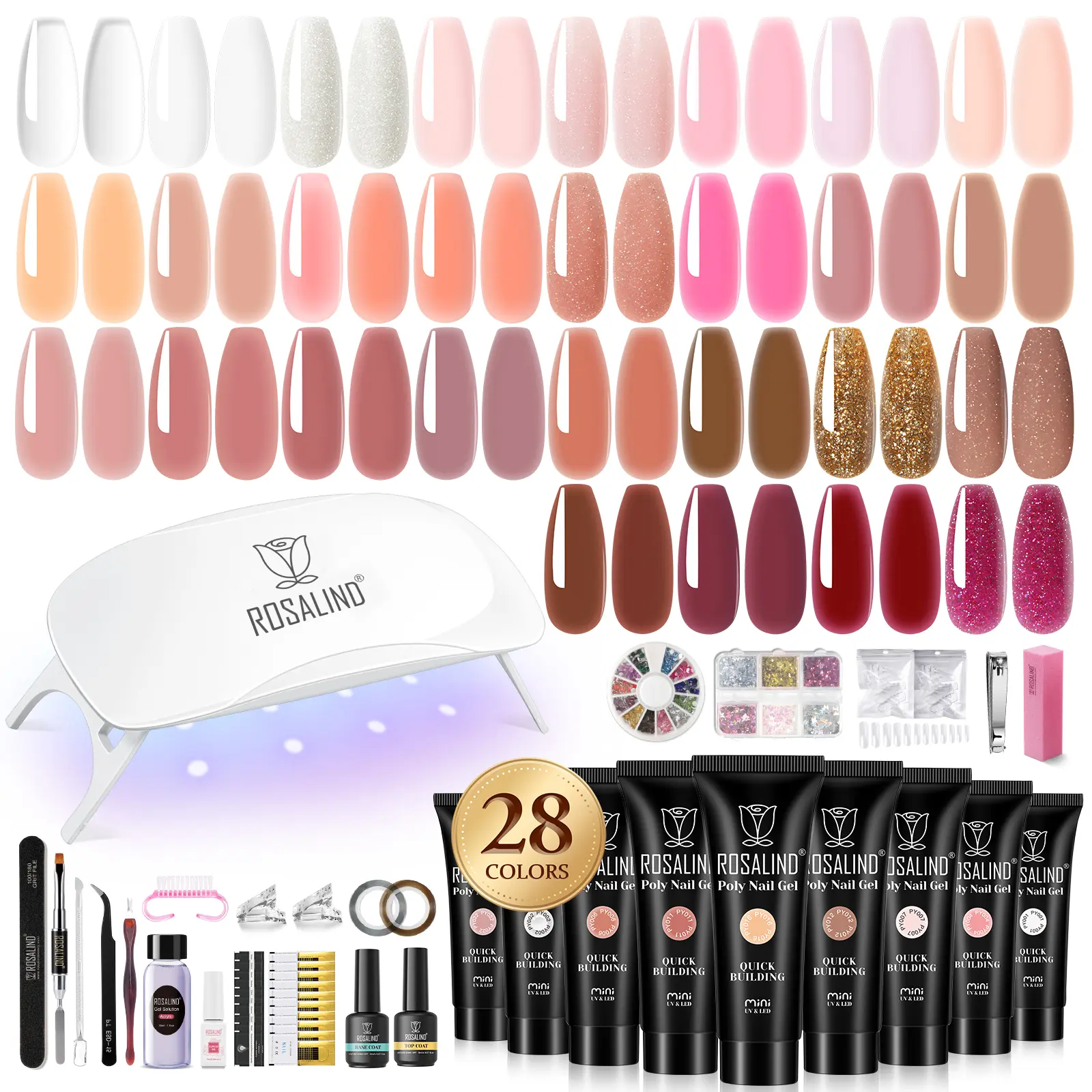 ROSALIND Poly Nail Gel Kit, 28 Colors Clear Nude Brown Poly Nail Gel Kit with U V Light Poly Nail Gel Starter Kit For All Seasons Beginner DIY at Home