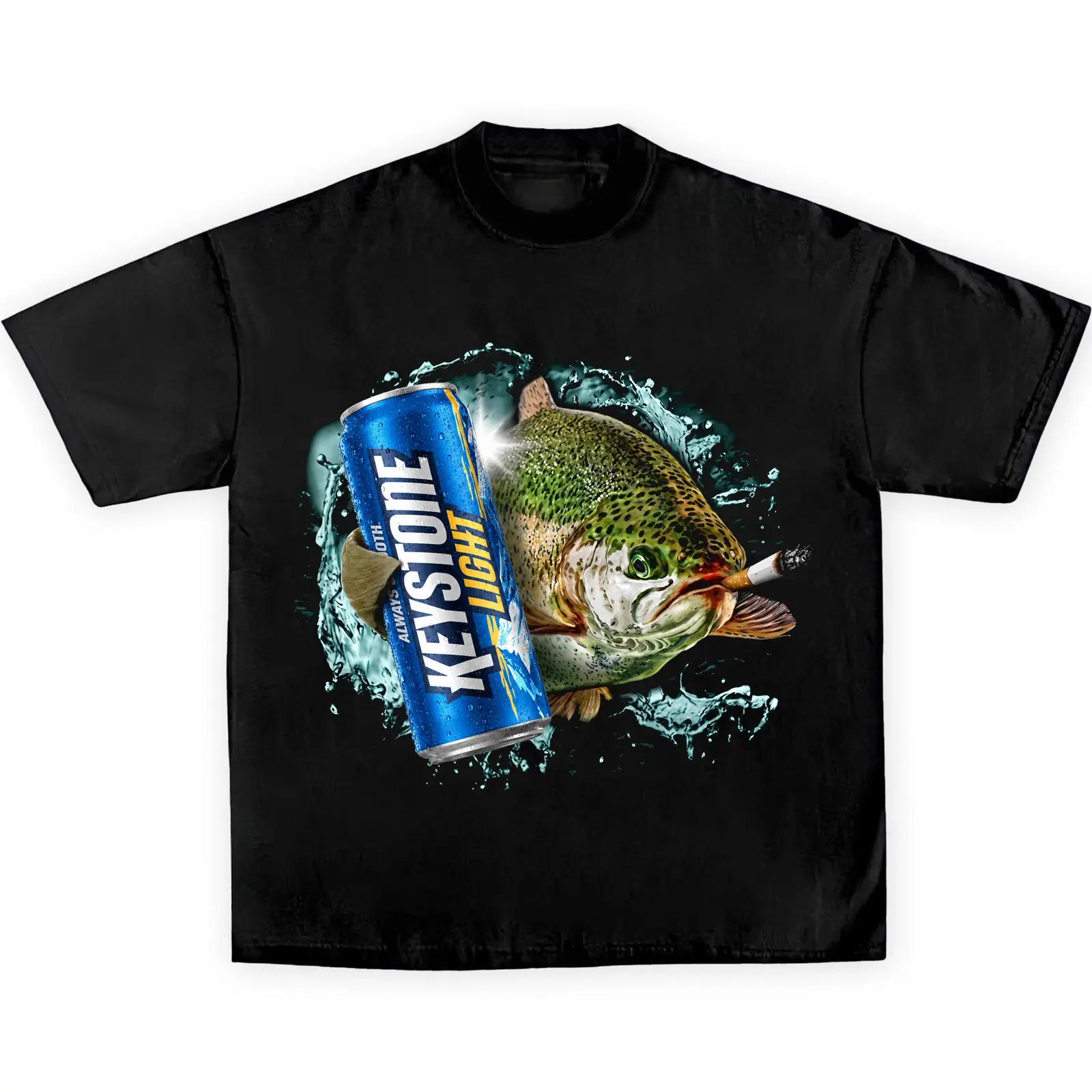 Funny Rainbow Trout Smoking Drinking Shirt Keystone Light Beer Can Graphic Tee Vintage American Light Beer Fishing Meme Unisex Gift T-Shirt