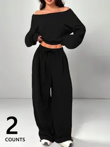 Women's Casual Chic Loose Fit One Shoulder Long Sleeve Top, Comfortable Sleepwear Set, Perfect for Daily Wear and Shopping