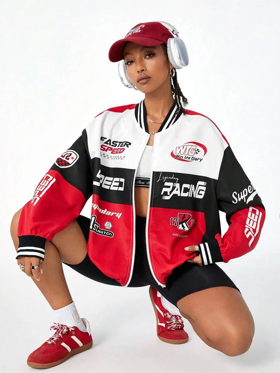LUNA LAYER Womens Blokecore Color Block Letter Print Baseball Bomber Jacket