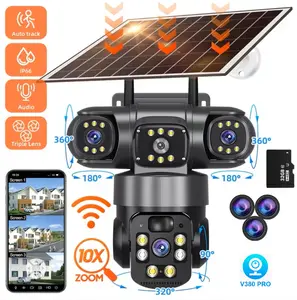 Solar-Powered Wireless Outdoor Security Camera, Three-Lens 360°°Panoramic view, 8000mAh battery-powered, WiFi home monitoring system, color night vision, PIR motion detection, two-way audio, includes 32GB SD card