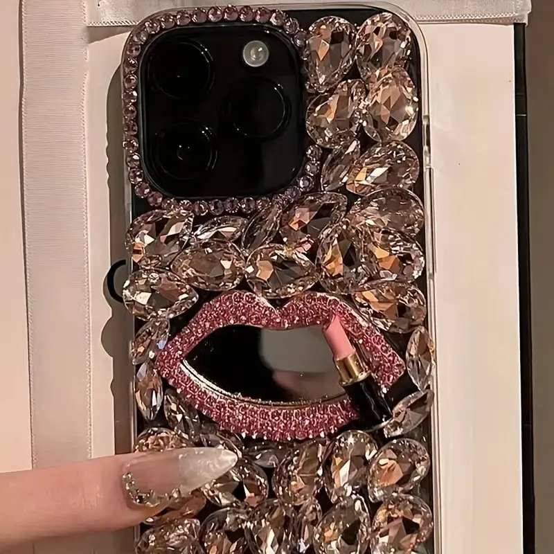 2024[Luxury Crystal Phone Case] Luxury Crystal Diamonds, Creative Cartoon Mouth Lipstick Beauty Mirror Phone Case |   Pure Handmade, Protective Case for iPhone 16/15/14/13/12/11 Full Series2025