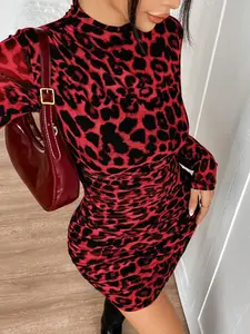 Women's Leopard Print Mesh Ruched Bodycon Long Sleeve Mini Dress, Formal Elegant Dress, Elegant Slim-Fit Fashionable Chic Clothing for All Seasons