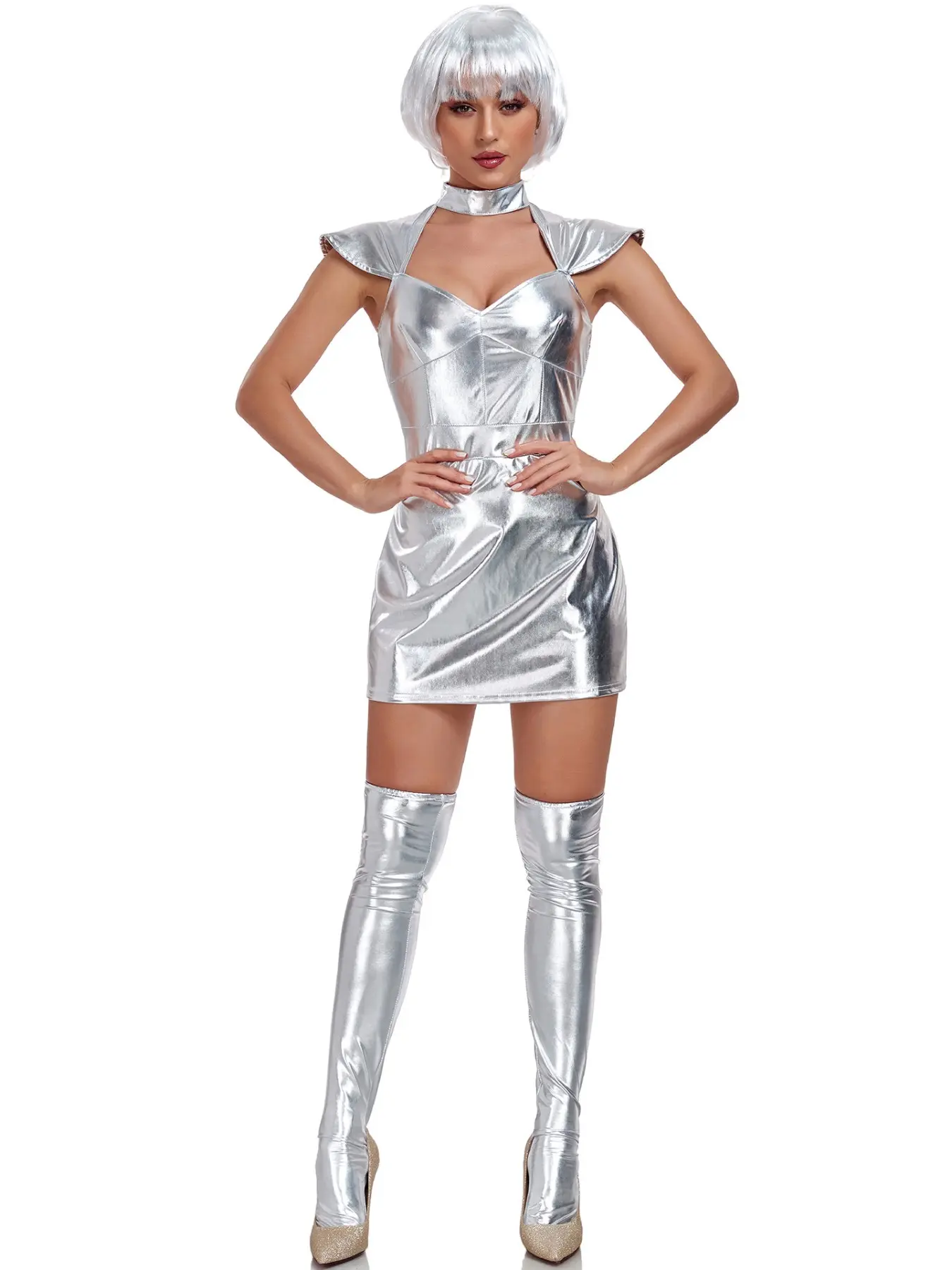 Teenage Girl Halloween Space Costume Cosplay Silver Color Tin Man Uniform Performance Stage Dress, Ditsy Floral Slim-Fit All-Season Dress