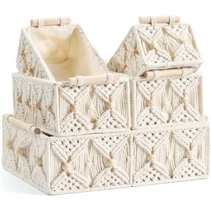 5 count Decorative Boho Macrame Storage Baskets  Bohemian Box   Rope Woven Bins with Wooden Handles Countertop Toilet  Shelf Organizer -  with  Beads