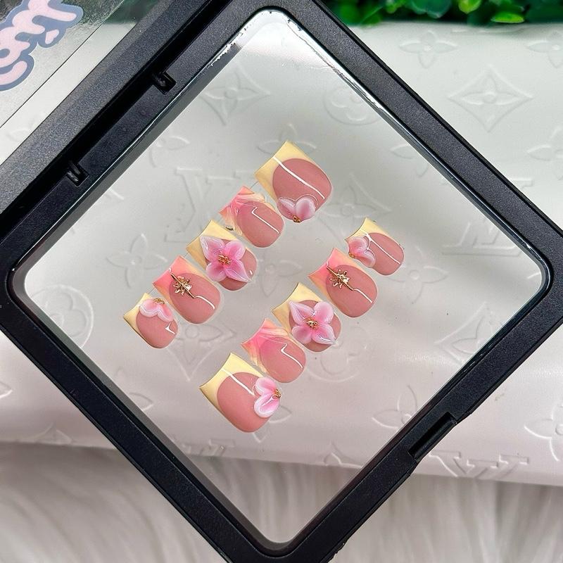 ACRYLIC Yellow Pink Gold 3D Flower Ombré Spring Summer High Quality Handmade Press On Nails Short Medium Long Square Almond Coffin Stiletto