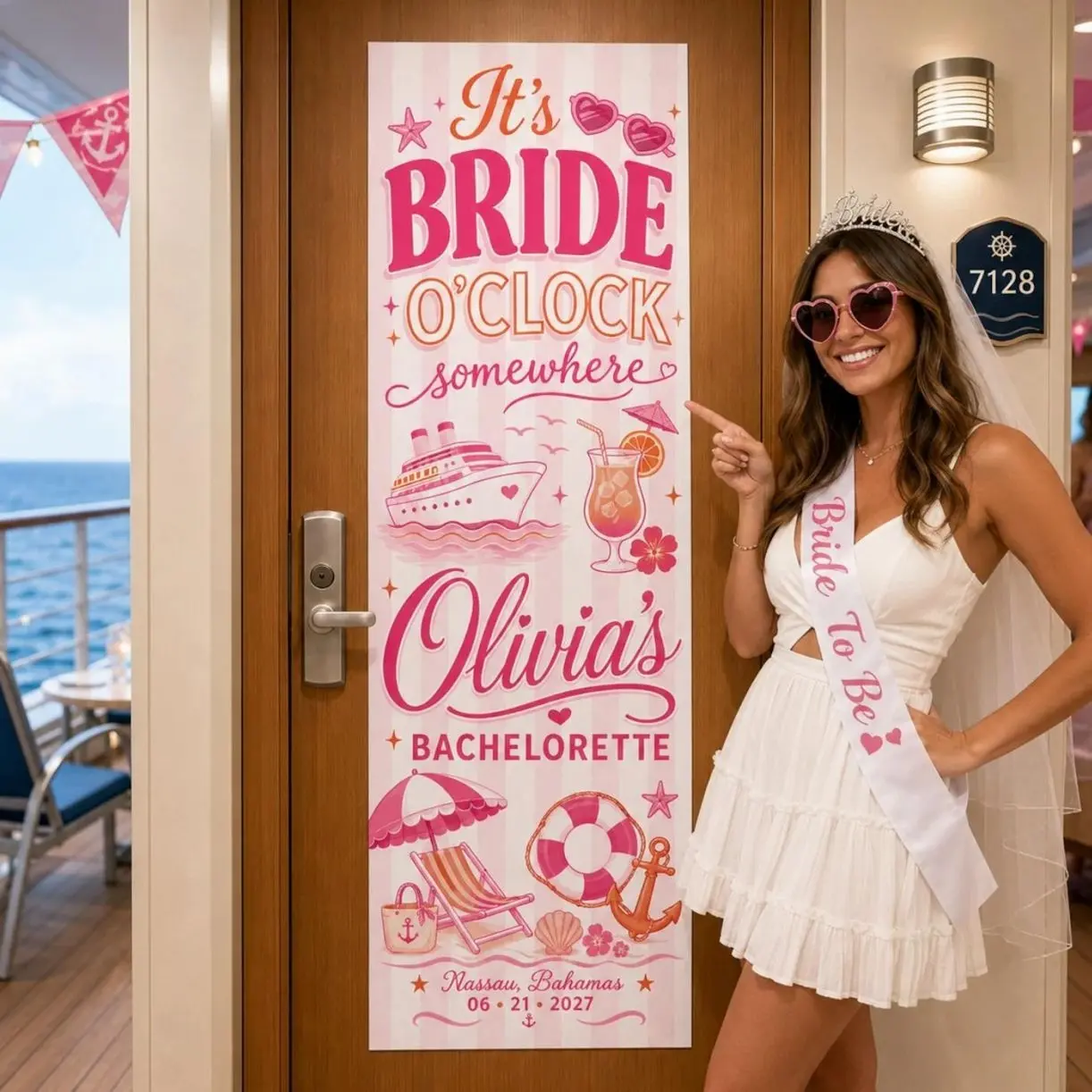 Personalized Bachelorette Cruise Door Banner: Stick-On Pink Polyester Tapestry