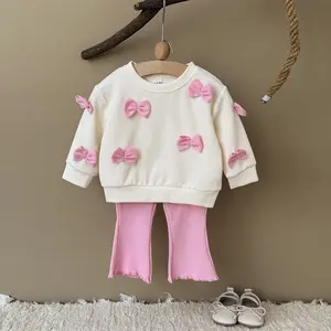 Toddler Baby Girl Clothes Fall Winter Spring 3D Bow Ruffle Long Sleeve Sweatshirt Pink white Striped Elastic Pants Set Infant 2PCS Outfit Cute Casual