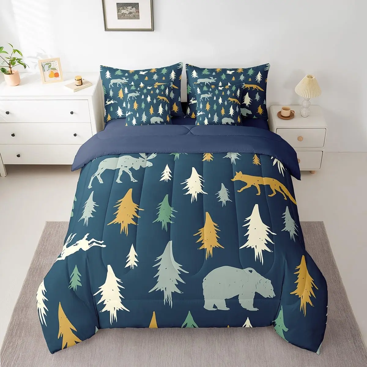 Feelyou 7-Pcs Rustic Lodge Bedding Set - Breathable Fabric, Multi-Size, Wild Animals Print Comforter Bed-in-a-Bag with Sheets, Pillowcases, King Size Option, Machine Washable, Bed Cover Set, Bedding Quilt Set