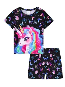 Girls' Unicorn Cartoon Print Pyjama Set, Short Sleeve Shorts Sleepwear, Casual Comfortable Home Wear, Perfect for Daily Use and Play