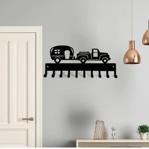 Vintage Pickup Truck & Camper Pattern Key Holder, Wall Mounted Key Hook with Over-the-door Hooks for Keys & Towels, Rustic Bathroom & Entryway Organizer, Decor