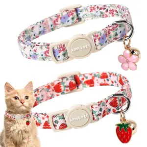 ARING PET 2 Pcs Cat Collar with Bell, Adjustable Strawberry & Flower Design Accessory for Cute Girl Boy Cats