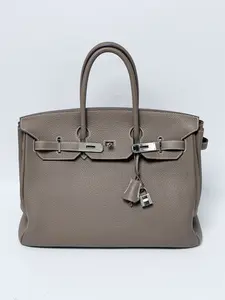 Pre-owned HERMÈS Leather Shoulder Bags Etoupe Togo Birkin 35 with Palladium Hardware Top Handle Handbag