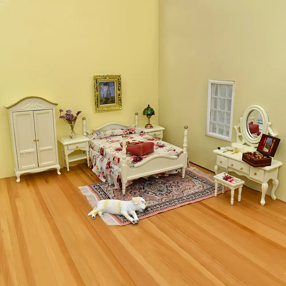 6-Piece Wooden Dollhouse Furniture Set 1:12 Vintage Mini in Cream or Rosewood, Includes Bed Dresser Wardrobe Nightstand, Perfect Gift