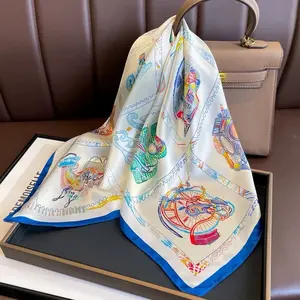 Luxury Silk Scarf - Elegant Equestrian-Inspired Design with Colorful Patterns and Blue Trim scarves