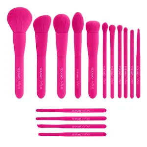 TEXAMO x SheHas Makeup Brush Set 15 Piece Quality Makeup Brushes Premium Synthetic Make Up Brushes for lip Eye shadow Foundation Powder Blush Highlighter Concealer Makeup Brush Kit for Travel Hot Pink with Two-piece foundation shovel set