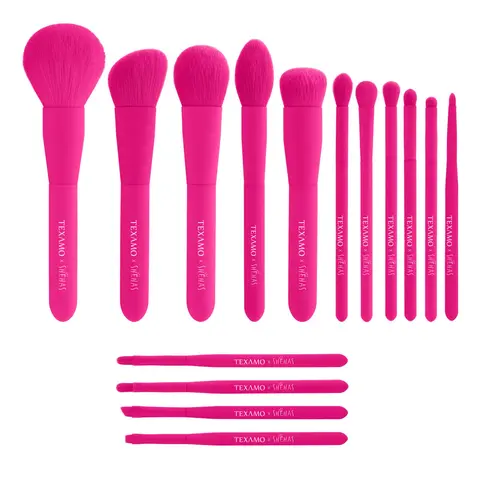 TEXAMO x SheHas Makeup Brush Set 15 Piece Quality Makeup Brushes Premium Synthetic Make Up Brushes for lip Eye shadow Foundation Powder Blush Highlighter Concealer Makeup Brush Kit for Travel Hot Pink with Two-piece foundation shovel set