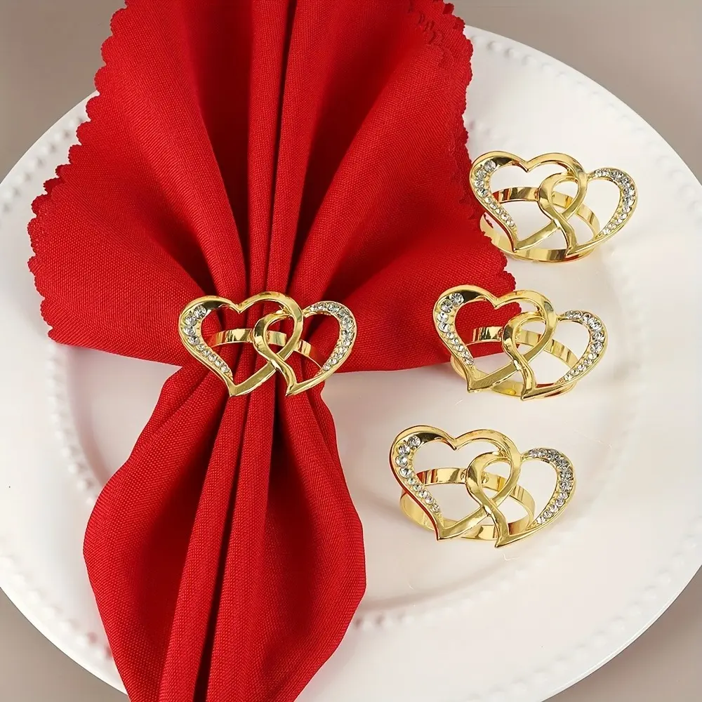 Elegant Golden Heart Napkin Rings - Double Heart Design with Polished Metal Finish, Perfect for Valentine'S Day, Weddings, and Christmas Table Decorations, Wedding Favors, Gifts