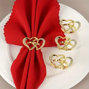 Elegant Golden Heart Napkin Rings - Double Heart Design with Polished Metal Finish, Perfect for Valentine'S Day, Weddings, and Christmas Table Decorations
