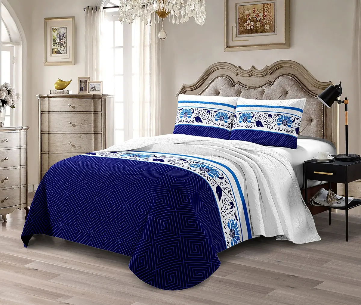 Blue Floral Luxury 3-Piece Quilted Bedspread Set