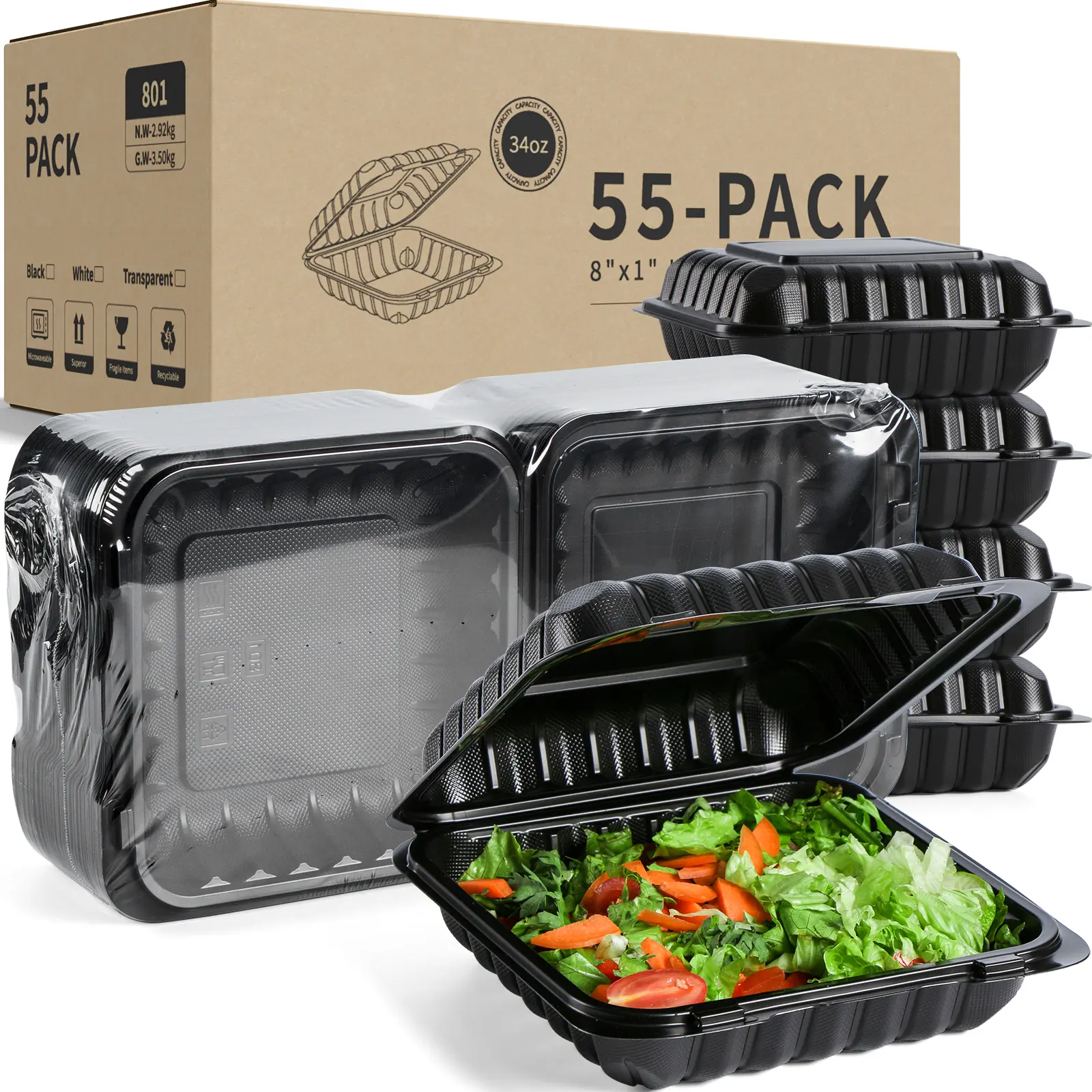 YANGRUI To Go Containers, Reusable Shrink Wrap 55 Pack 8 Inch Plastic Take Out Containers BPA Free Microwave Freezer Safe Disposable Food Containers