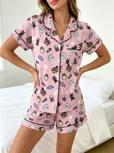 Classic Movie Character Print Cotton Pajama Set, Women's Short Sleeve Button Front Sleepwear, Comfortable Anime Pajamas for Relaxing Days
