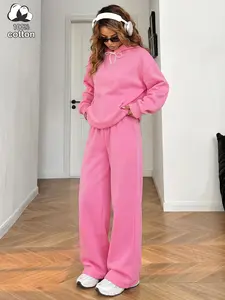 Women's Cotton Sportswear Set, Hooded Sweatshirt & Drawstring Waist Pants, Casual Fashion Comfortable Breathable Two-Piece, Athleisure Wear Set, Sweatsuit Outfits, Sweatsuit Sets