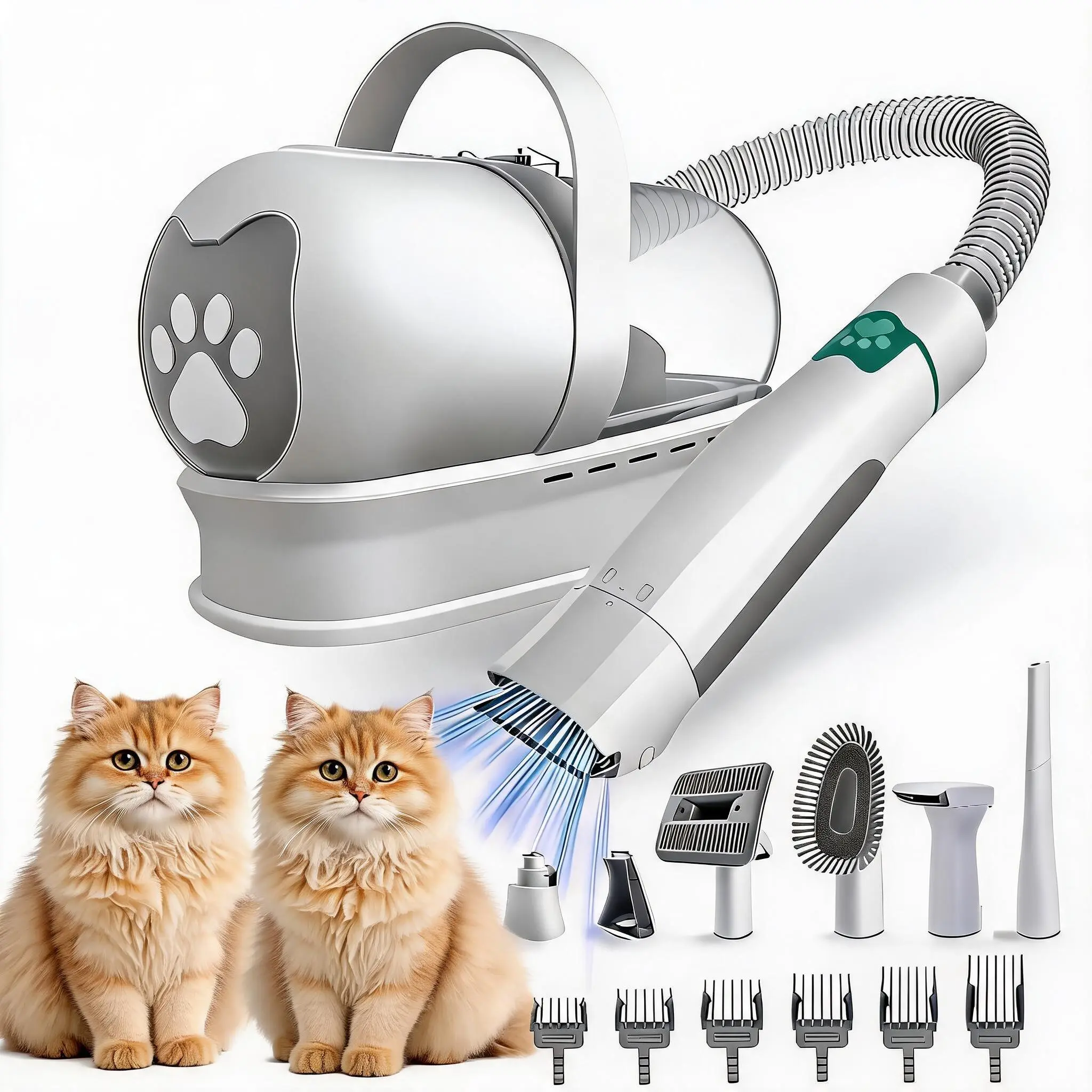 Professional Dog Hair Vacuum Groomer and Shaver Station for Dogs & Cats, 7-in-1 Pet Grooming Vacuum with 6 Safety Guide Combs, Complete Shedding Brush & Paw Trimmer Kit