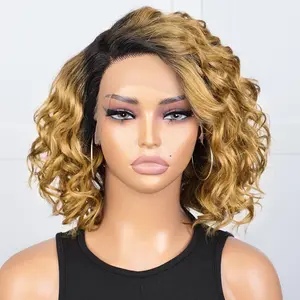 JOEDIR HAIR Blonde Side Part Short Curly Human Hair Wig for Black Women C Parted HD Lace Front Wig Short Water Wave Wig Curly Bob Wig 150% Density
