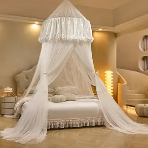 Bed Canopy for Girls & Adults, Round Dome Lace Princess Canopies Netting, Cute Double Layer Bed Canopy Drapes for Decoration, Reading, Sleepping