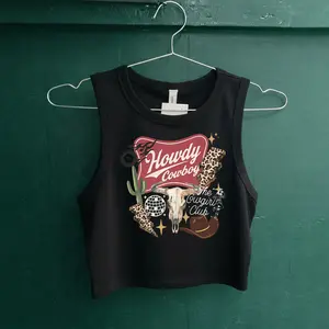 Howdy Cowboy Cowgirl Club Crop Tank, Western Collage Graphic Tee, Cowboy Skull Disco Rib-Racer Tank