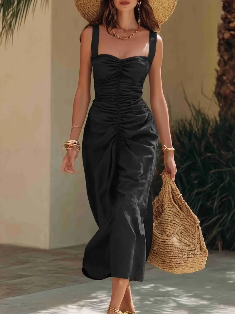 sleeveless ruched midi dress