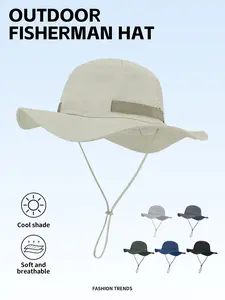 Unisex Four-Season Sun Protection Fisherman Hat, Plain Casual Style, Lightweight Portable Large Brim, Adjustable Strap, Waterproof Fabric