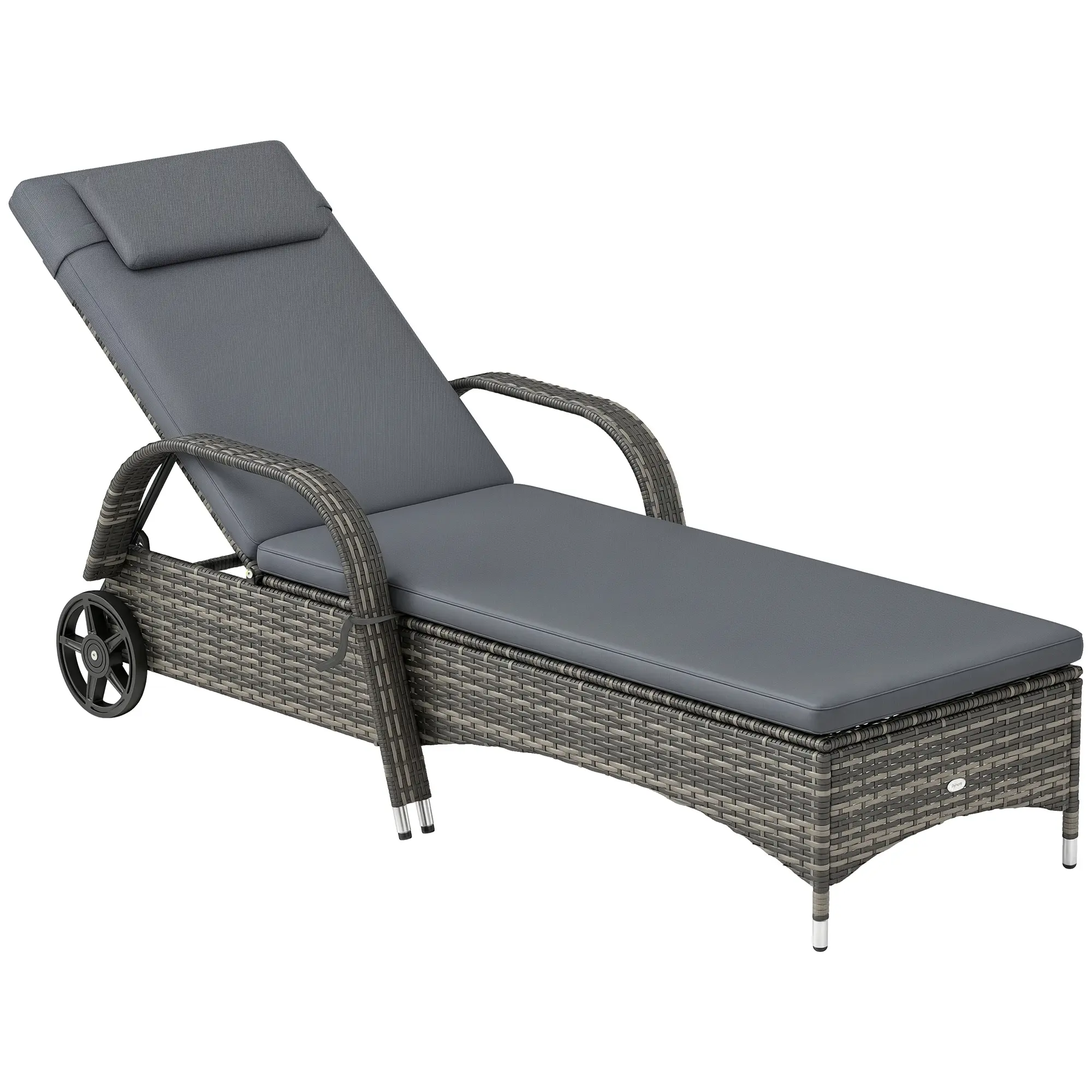 Outsunny Handwoven PE Rattan Wicker Reclining Patio Lounger - 5-Level Recline Backrest, Wheels, Outdoor Cushions, Pillow, Armrest, Tropical Chaise, Outdoor Patio Pool Backyard Furniture Chair
