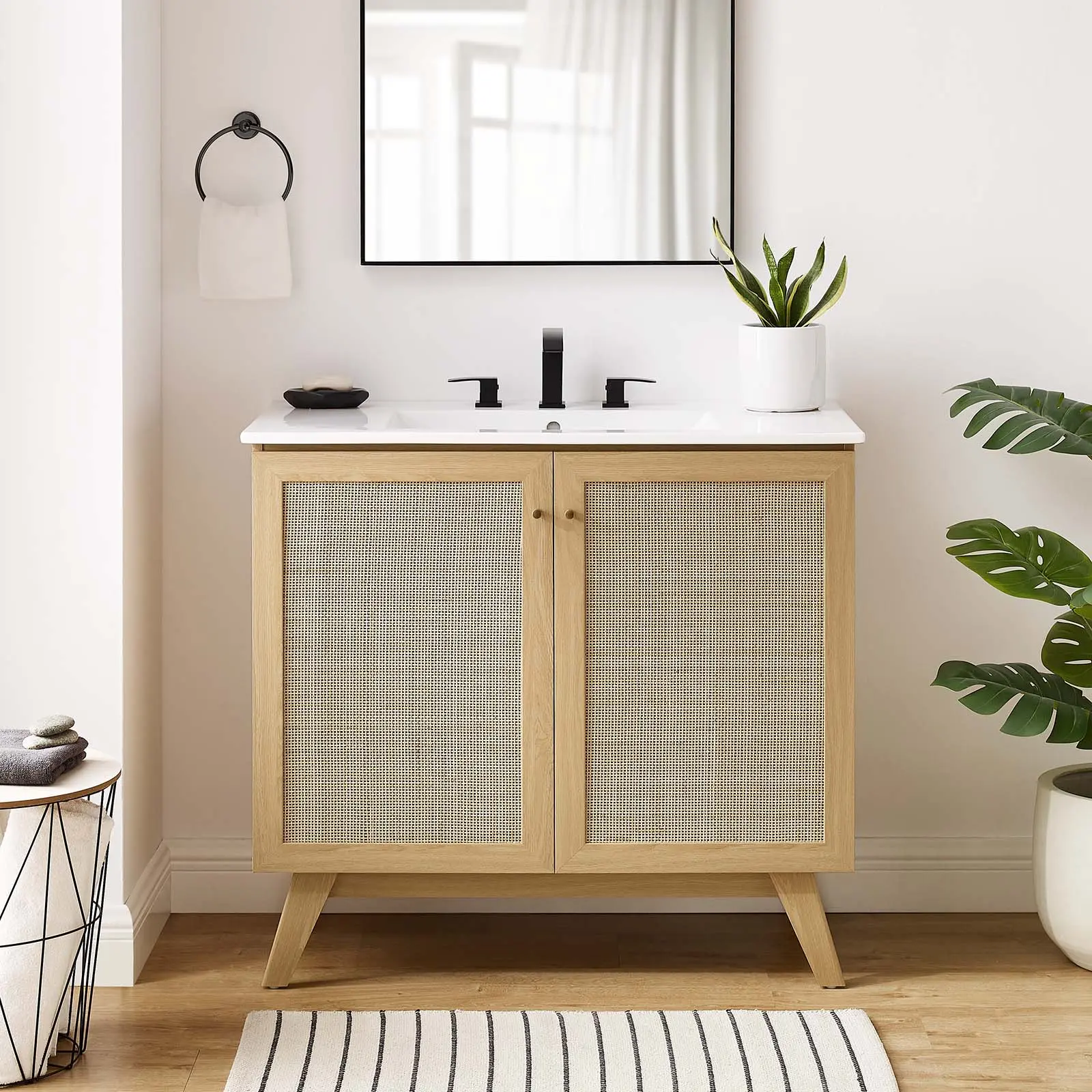 Modway Soma 36-in Aesthetic Modern Custom Wood Bathroom Vanity Cabinet, Storage-Focused Powder Room Furniture (Sink Basin Not Included, Oak Finish), Functional Storage