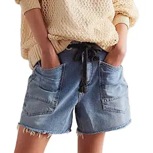 Drawstring Jean Shorts Womens Casual High Waisted Straight Leg Baggy Denim Shorts Summer Loose Fit Short Jeans Y2K