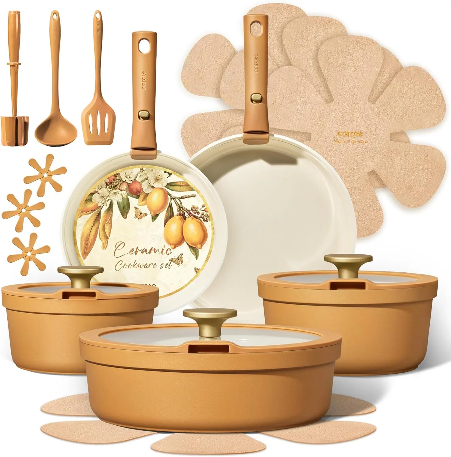 Carote 20-Piece Orange Ceramic Nonstick Cookware Set - Detachable Handles, Non-Toxic, Induction-Compatible, PFAS & PFOA Free, Dishwasher Safe, Stylish Modern Design for RV Kitchens, Everyday Frying & Cooking