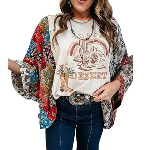 Chvity Graphic Tees for Women Boho 3/4 Dolman Sleeve Tops Floral Print Ponchos Crewneck Batwing Tops Loose Western Shirts