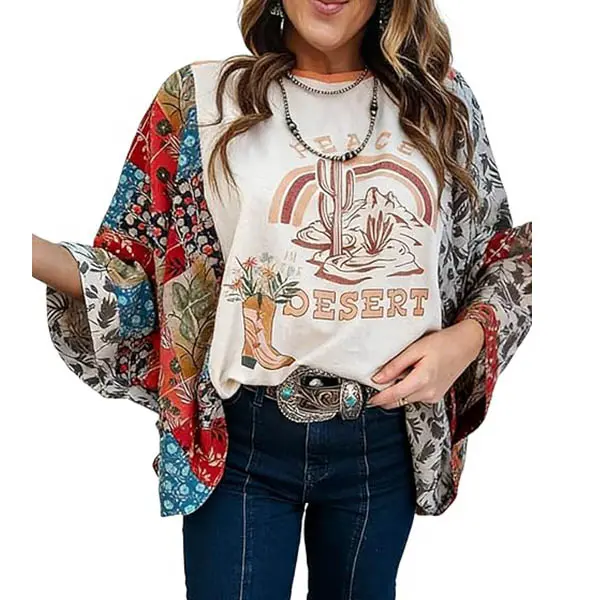 Chvity Women's Boho Floral Print T-Shirt, Oversized Western Top with 3/4 Dolman Sleeves and Poncho Overlay, 3/4 Sleeve Women's T-Shirts, Boho Floral Print Women's T-Shirts